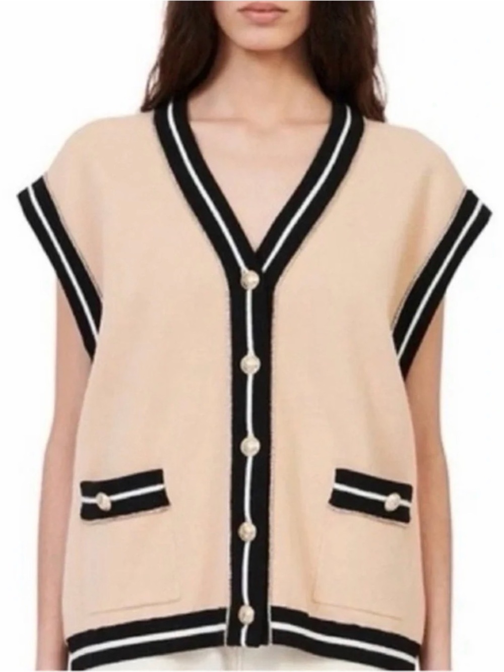 Maje Cream V-Neck Sleeveless Cardigan with Black Trim